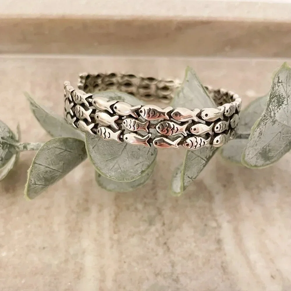 925 Sterling Silver Cuff Bracelet School of Fish Bracelet Modern Silver Bangle